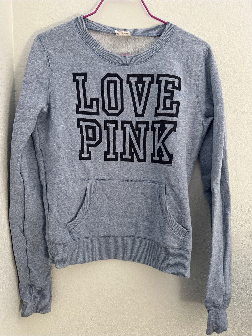 PINK Victoria's Secret Light Blue 'LOVE PINK' Sweatshirt with Black Lettering